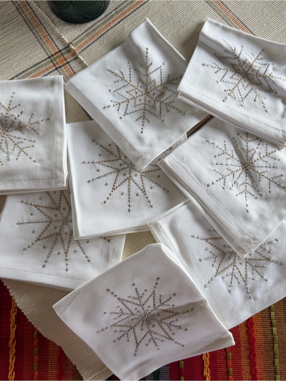 Crate and Barrel White Snowflake Napkins - Elegant Holiday Table Linen